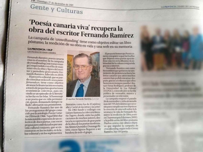 Hoy el periódico canario 'La Provincia' se hace eco de nuestra campaña sobre Fernando Ramírez